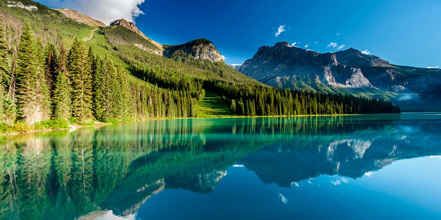 Skogen speglas i sjön Emerald Lake