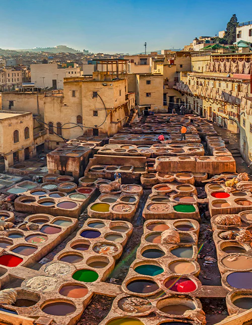 Panoramautsikt över garveriet i Fez, Marocko