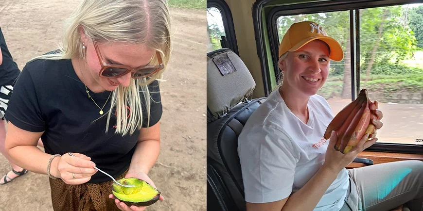 Sandra provar lokal frukt och grönt i Tanzania