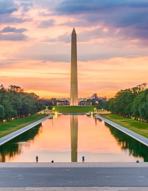 Washingtonmonumentet vid Reflecting Pool i Washington, D.C., USA i gryningen.